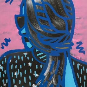 Colorful pop art inspired portrait featuring abstract graphic design elements over a painted figure.