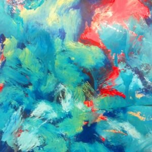 Dynamic abstract painting featuring vivid blues, reds, and greens, emphasizing texture and motion.